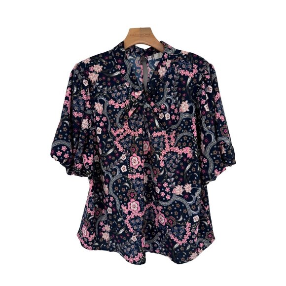 LOFT Bloom Twist Bubble Sleeve Blouse Short Sleeves size XL womens floral - Picture 2 of 11